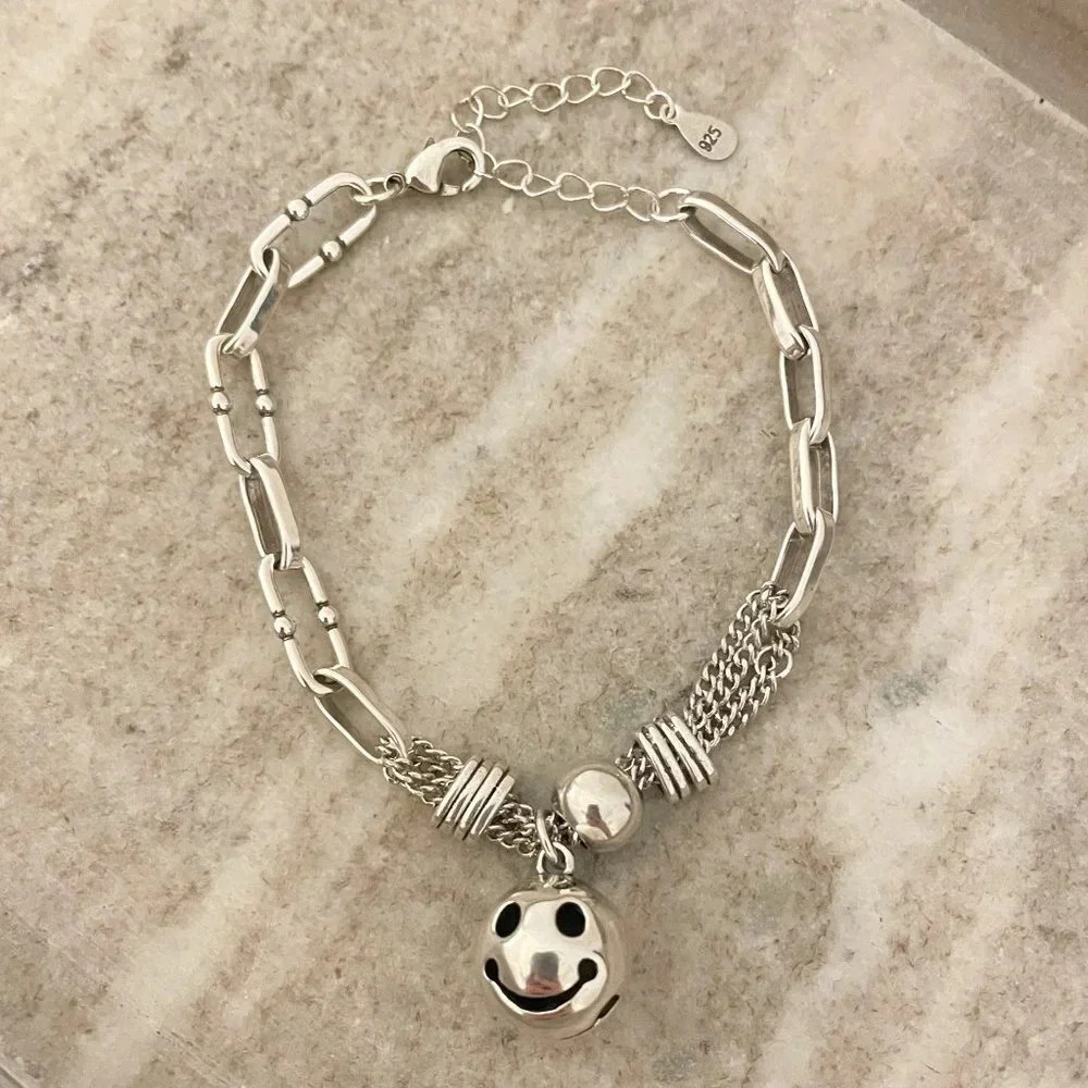 925 Sterling Silver Happy Face Bracelet Chain Link Bracelet Modern Bracelet